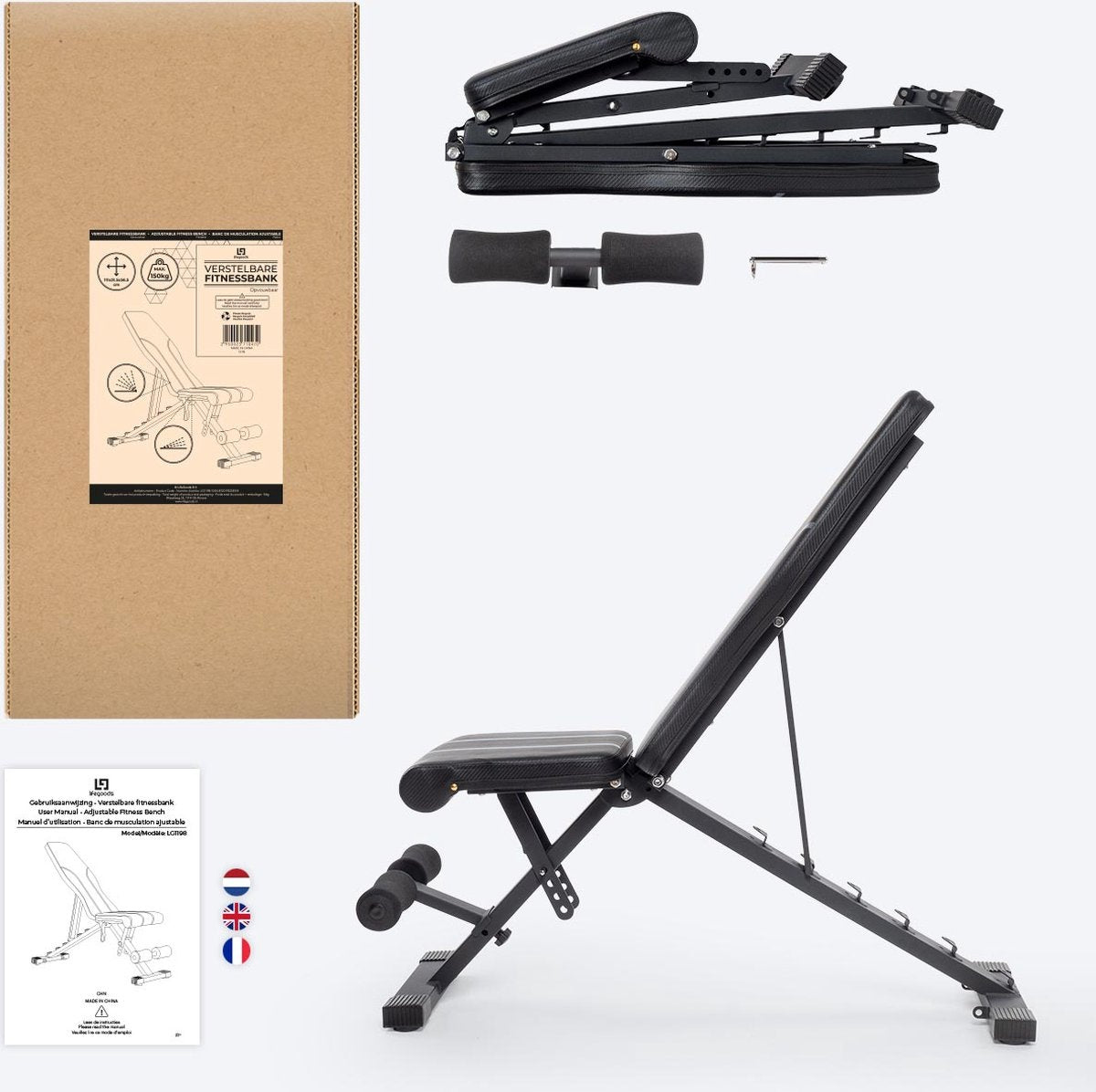 LifeGoods Fitness Halter Bench - Banc d'exercice - Banc de musculation - Banc d'exercice - Réglable - Pliable - Noir/Gris