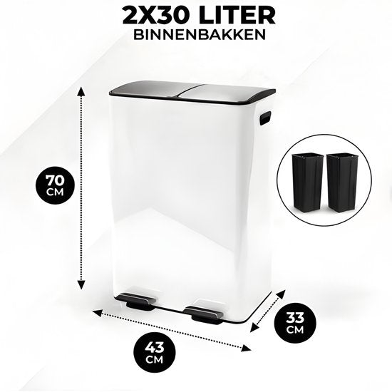 Bayt Poubelle - Poubelle 60 litres (2x30) - Poubelle 60 litres - Poubelle à pédale 60 litres - Poubelle Séparation des déchets - Poubelle 2 compartiments - Poubelle - inox - Blanc