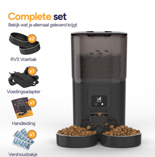 Distributeur automatique de nourriture Viervoeter Feed Dual - Noir - 28 x 22 x 36 cm - 7 L, double bac, application et Wi-Fi