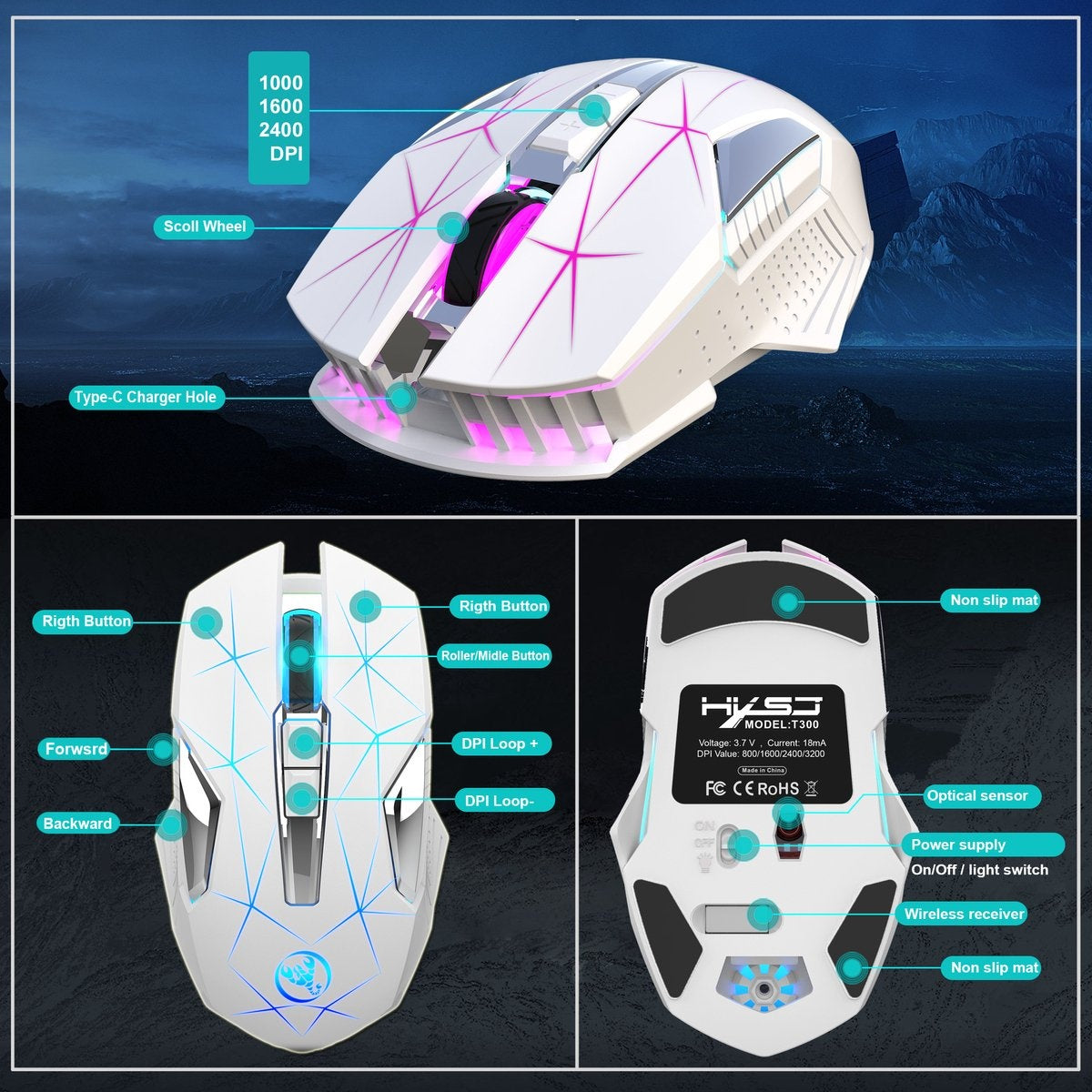 HXSJ T300 2.4G Wireless Gaming Mouse - Souris d'ordinateur - Ultra légère - Compacte pour les voyages - Eclairage RGB - Blanc