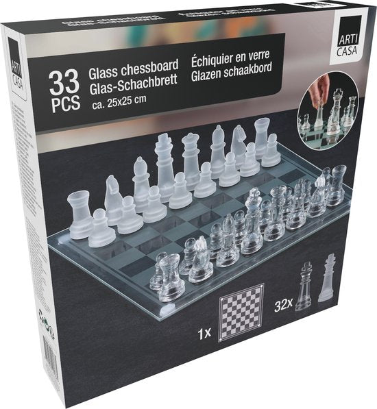 Jeu d'échecs en verre Arti Casa - 33 pièces - 25x25 CM - 900 GR - Verre