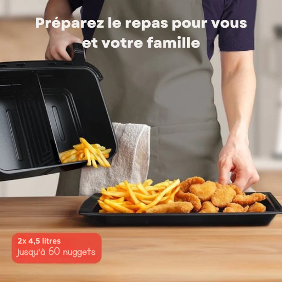 Airfryer XXL  - KitchenBrothers - 9L - 2400W - Séparateur Snack - 10 Programmes de cuisson - 50ºC à 200ºC - Noir