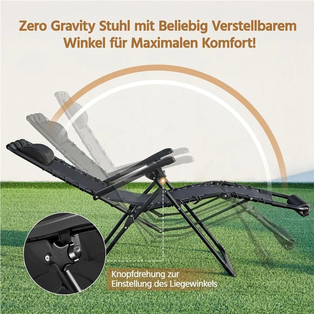 Yaheetech Zero Gravity Lounger 166.5 x 74.5 cm - Ajustable - Pliable - Coussin de tête - Porte-gobelet - Noir