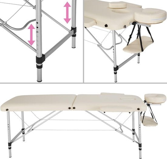 tectake® - table de massage en aluminium 2 zones, table de massage 4cm matelas, table de massage pliante, table de massage en aluminium réglable en hauteur, table de massage portable avec accessoires, appui-tête en aluminium, accoudoir et sac de transport