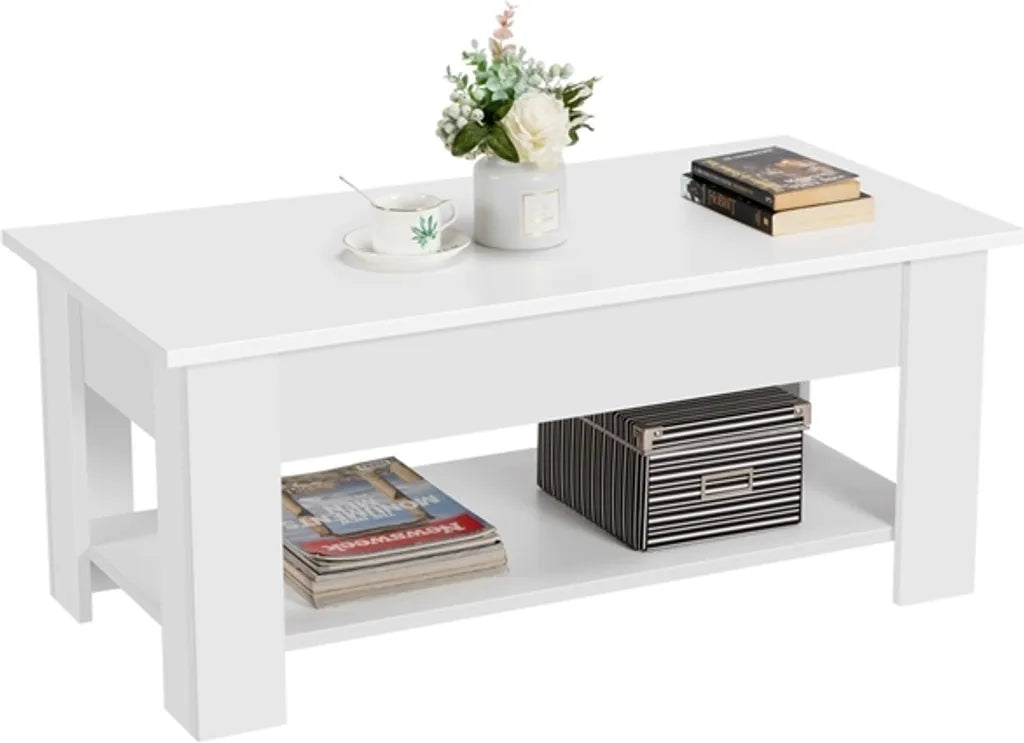 Table basse Yaheetech à plateau réglable 98 x 50 x 41,8 cm - Blanche - Table basse escamotable à levage vertical avec espace de rangement