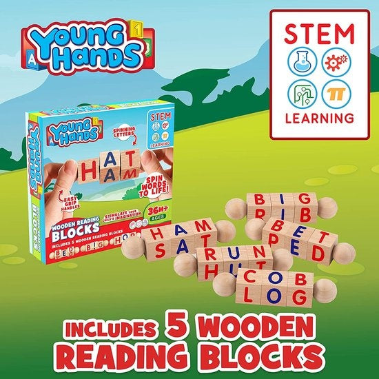 Creative Kids - Blocs de lecture en bois - Lot de 5 blocs alphabétiques rotatifs - Poignées faciles à saisir - Activités d'apprentissage pour la maternelle et le préscolaire - Travail des lettres - Jouets Montessori en bois - Cadeaux pour enfants et jeune