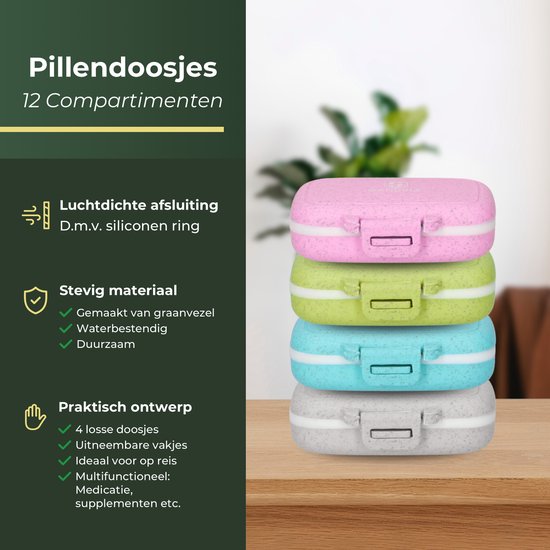 Boîte à pilules Gandria Lot de 4 - Boîte à médicaments avec 3 compartiments amovibles - Boîte de rangement en fibre Bio-Grain - Boîte à médicaments étanche - Boîte de rangement pour pilules et médicaments - Boîte à médicaments 12 compartiments