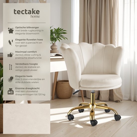 tectake® Chaise de bureau - Chaise pivotante réglable en hauteur avec revêtement en velours - Coque ergonomique - Chaise à roulettes - Chaise de salle à manger sur roulettes - Pivotant à 360° - Chaise de bureau - Blanc