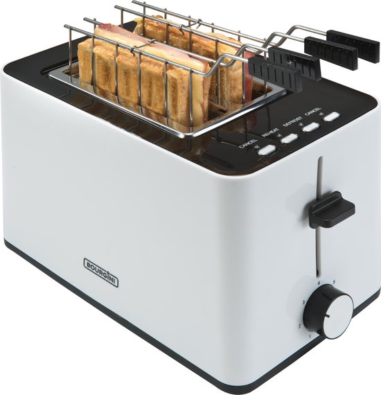 Bourgini Toasti Toaster - Grille-pain avec pinces Toasti - Blanc - Fente extra-large pour 2 sandwichs grillés - Réglage du brunissement et fonction de décongélation