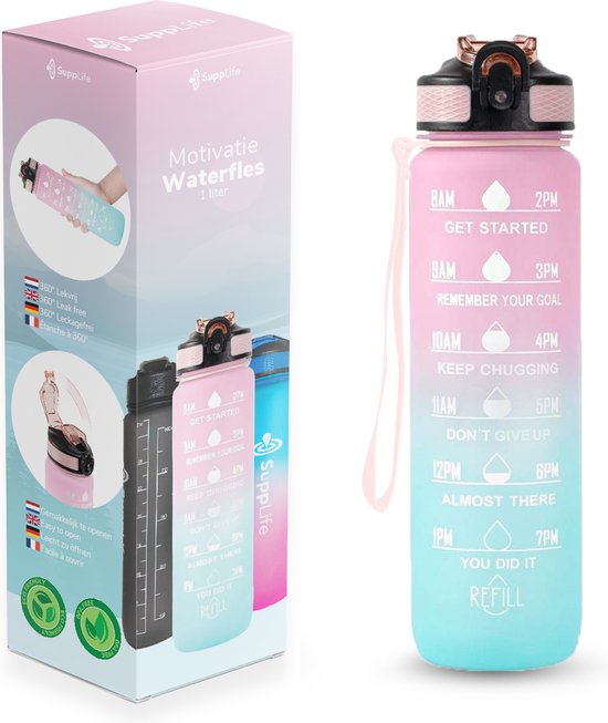 Gourde Supplife - 1 litre - avec paille - Motivation - Gourde de sport - Sans BPA - Rose Aqua
