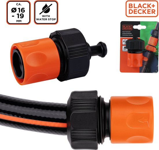 BLACK+DECKER Raccord rapide pour tuyau d'arrosage - avec Water Stop - 5/8'-3/4' - ⌀16-19 mm - Plastique - Noir/Orange