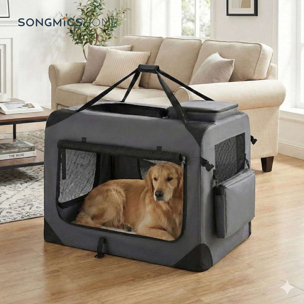 Cage pliable pour chien Ochama 91 x 63 x 63 cm - Tissu Oxford - Gris - Portable - Pour chiens de 23 à 32 kg