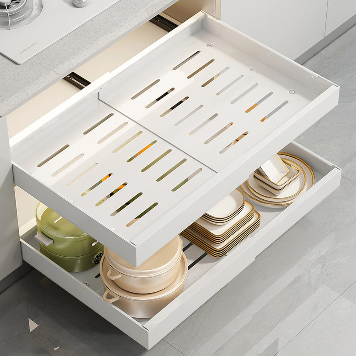 VIVREAL Tiroir de rangement coulissant blanc 42–68 cm – Grand panier de cuisine coulissant – Sans perçage – Capacité de charge de 33 lb – S42W