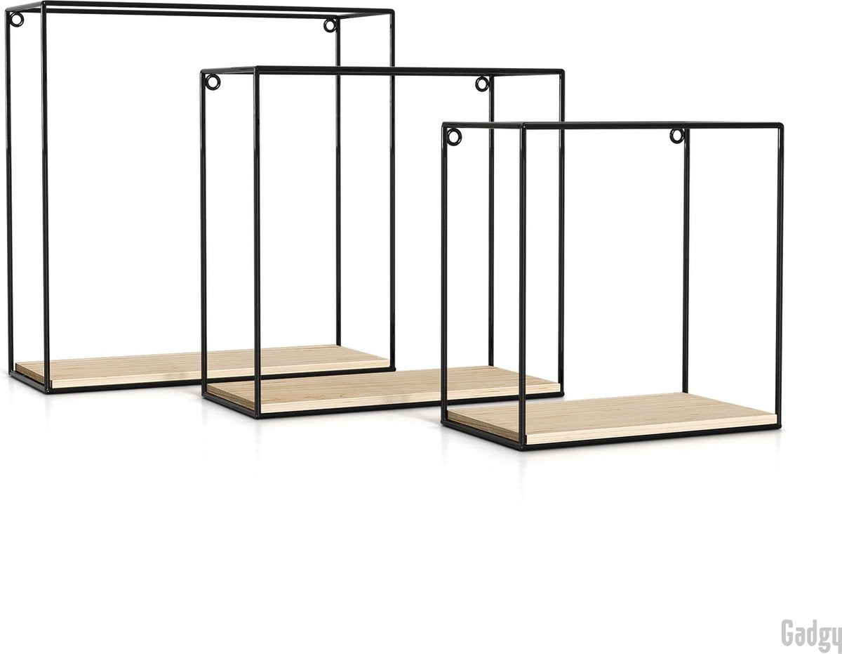 Gadgy Wandrekken Industrieel - Set van 3 - Vierkant Wandrek Zwart - Wanddecoratie Woonkamer - Muurdecoratie Hout - Wandplank zwevend voor Slaapkamer - 32, 27 en 22 cm