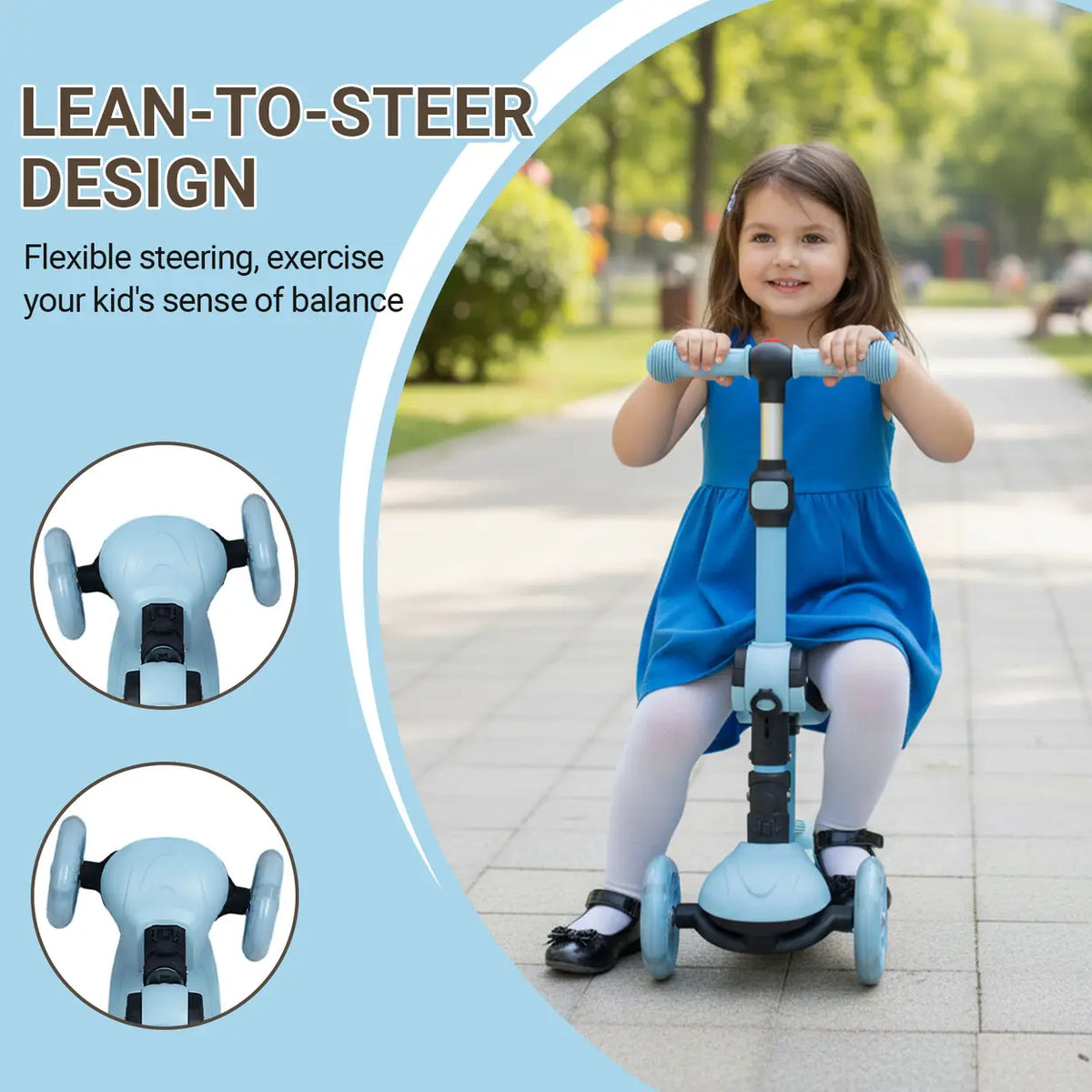 Trottinette pour enfants Neuleb à 3 roues - Bleu ciel - Avec siège, roues lumineuses et 2 réglages de hauteur - À partir de 3 ans