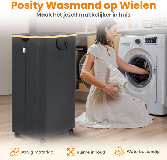 Posity Panier à linge sur roues - 100 litres - pliable - Panier à linge en tissu - Panier à linge - Avec couvercle et poignées - Bambou - Sac à linge inclus - Noir