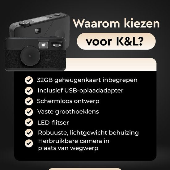 Appareil photo numérique K&L - Sans écran - Rechargeable - 16 000 photos - Appareil photo - Vintage - Comprend 32 Go - Durable - Noir