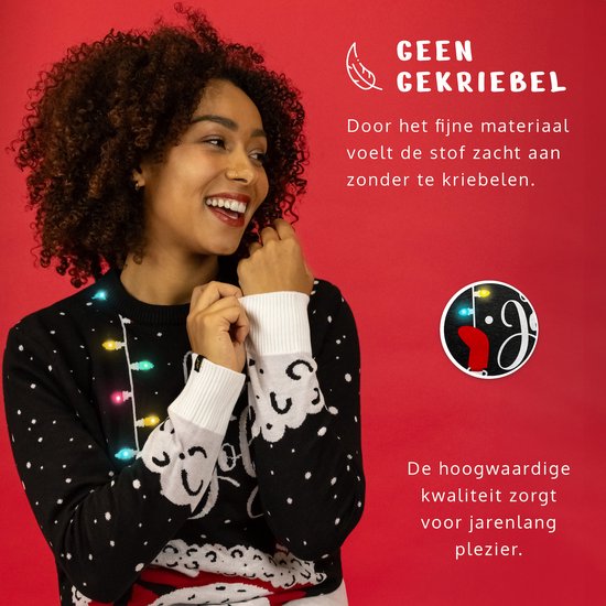 Pull de Noël JAP avec guirlande lumineuse (taille XL) - 100 % recyclé - Ne gratte pas - Cadeau de Noël pour adultes - Pull de Noël kitsch pour femmes et hommes - Holly Jolly - Noir
