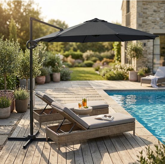 Parasol suspendu AXI Solea Ø 300 cm anthracite/gris, housse incluse – Armature thermolaquée avec pied en croix – Rotation à 360° – Toile anti-UV