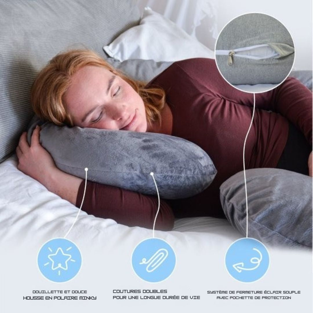 Coussin de grossesse Ella - soie - Coussin de corps - Housse amovible en polaire Minky - 150x70cm - Gris