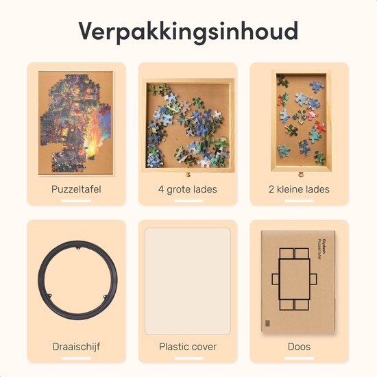 Plateau de puzzle rotatif avec système de rangement - 6 tiroirs - 1500 pièces - Bois - Table de puzzle - Classeur de puzzle - 64 x 86 x 4 cm - Couvercle de protection inclus - Tapis de puzzle - Mallette - Bois