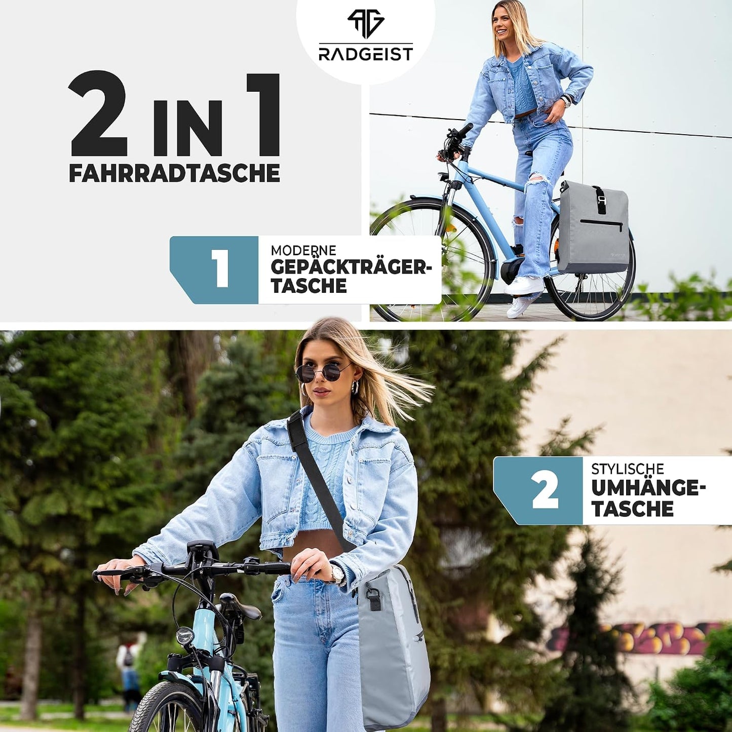 Sac à vélo Radgeist pour porte-bagages 2-en-1 - Sac à bandoulière - 100 % imperméable - 20 litres - Gris
