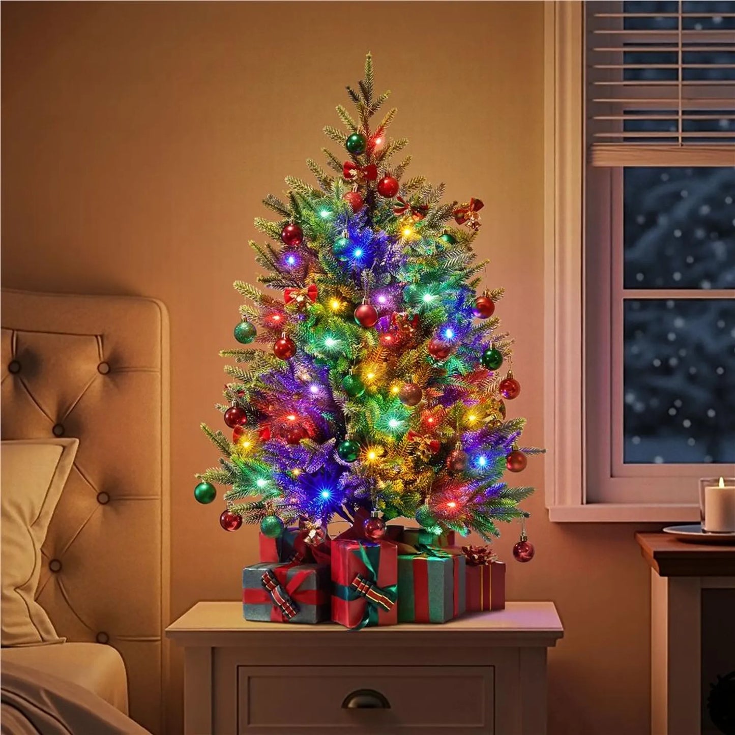 Yaheetech Arbre de Noël Artificiel avec 50 lumières Led colorées - 143 branches, 8 modes d'éclairage et socle en ciment - Pour rebord de fenêtre et table - PVC vert et béton - 58 x 58 x 91,5 cm