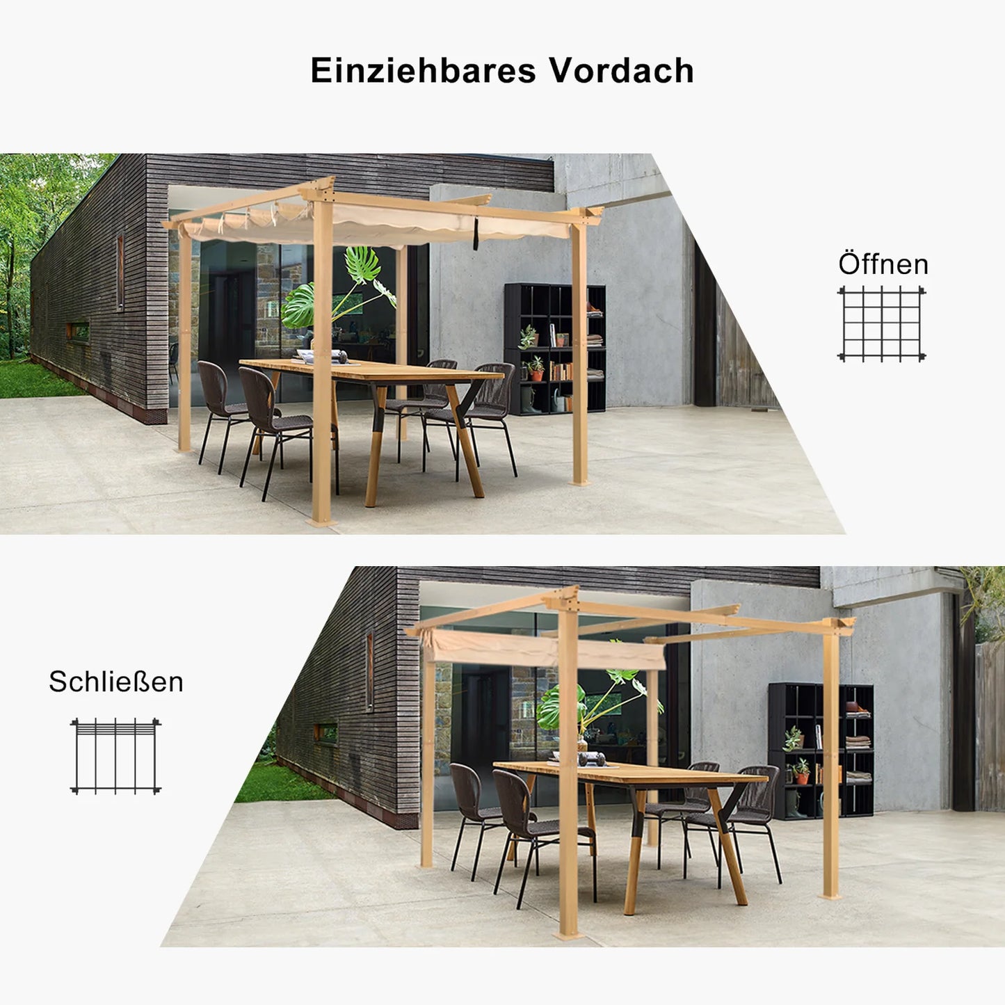 Pergola Angel Living en aluminium 3 × 3 m, jaune crème – Toit rétractable UV50+, tubes de toit en acier, revêtement par poudrage