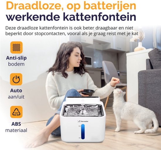 Fontaine à eau sans fil Viervoeter en acier inoxydable - Fontaine à eau à capteur pour chats et chiens - Filtre inclus - 3,2 L - Autonomie de 30 jours - Silencieuse - Blanche