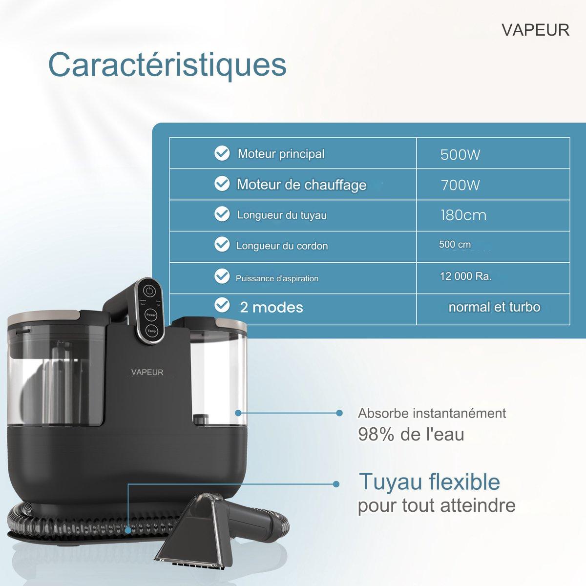Nettoyeur multifonctions - Vapore - 1200W - Machine à nettoyer les tapis/canapés/meubles/sièges/taches portable - Noir