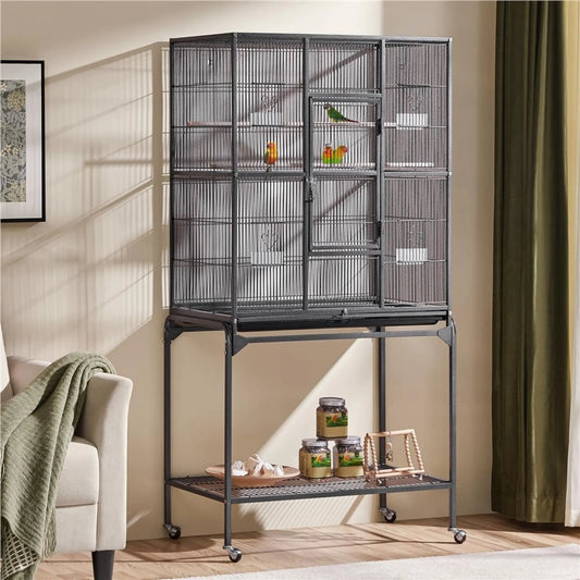 Yaheetech Cage à oiseaux avec base mobile - équipée d'une cage amovible, de six portes d'accès et d'une étagère de rangement - pour perruches et perruches faucons - métal noir martelé - 81 x 47 x 160 cm