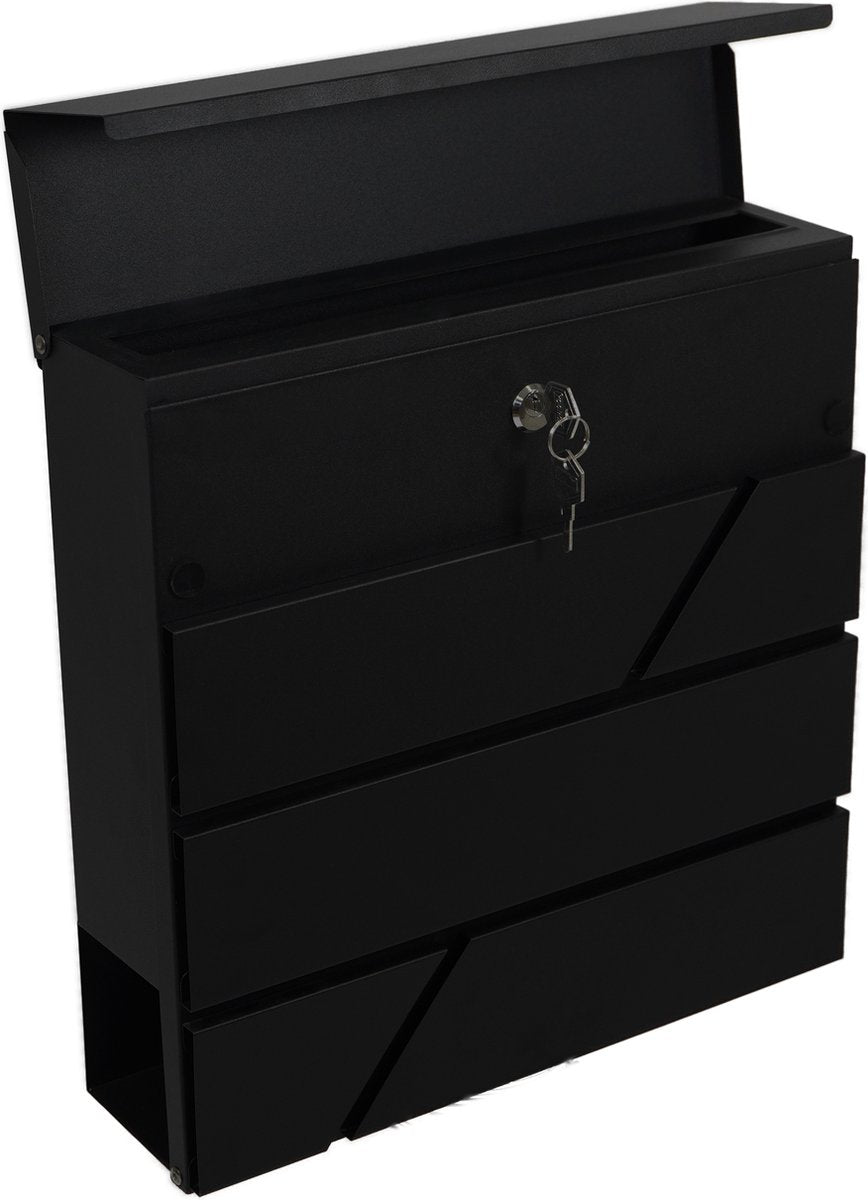 BRASQ Deluxe Letterbox Black 37.5 x 36.5 x 11 cm - Boîte aux lettres murale avec serrure et compartiment à journaux - Comprend le matériel de montage et 2 clés