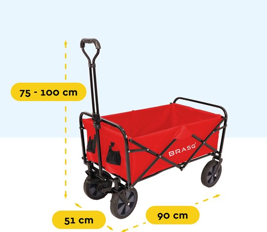 BRASQ Chariot pliable - 100 litres - Capacité 80 KG - Roues pivotantes avec frein - 90x51x100 CM - Poignée réglable - Chariot pliable - Compact - Rouge