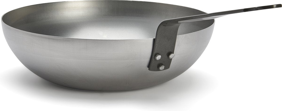 De Buyer Wok - Tôle d'acier - Ø 28 cm - Fond large - Gris - Sans PFAS - Convient à l'induction