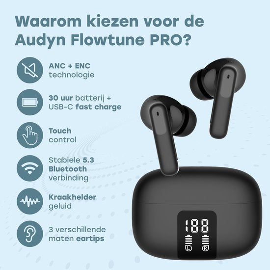 Écouteurs sans fil Audyn - Écouteurs sans fil - Réduction de bruit ANC+ENC - Bluetooth - Intra-auriculaires - Noir - FlowTune Pro