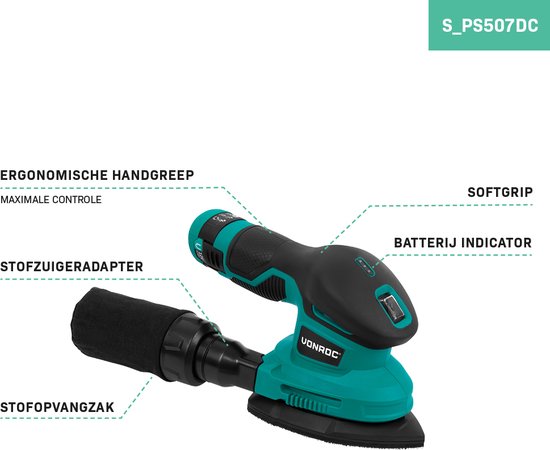 VONROC Ponceuse à batterie 12V - Batterie, câble usb-c et papier de verre inclus