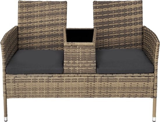 Banc de jardin en osier avec table, Tectake, banc 2 places, 131x61x82 cm, balcon et terrasse, Avec coussin d'assise, naturel/gris foncé, poly-rotin