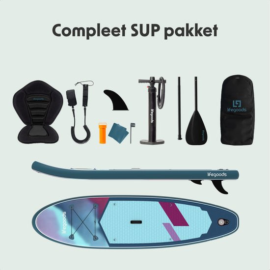 LifeGoods SUP Board All-round Compact - avec siège - capacité de charge de 100 KG - 300 x 76 cm - gonflable - ensemble complet de SUP - bleu/violet