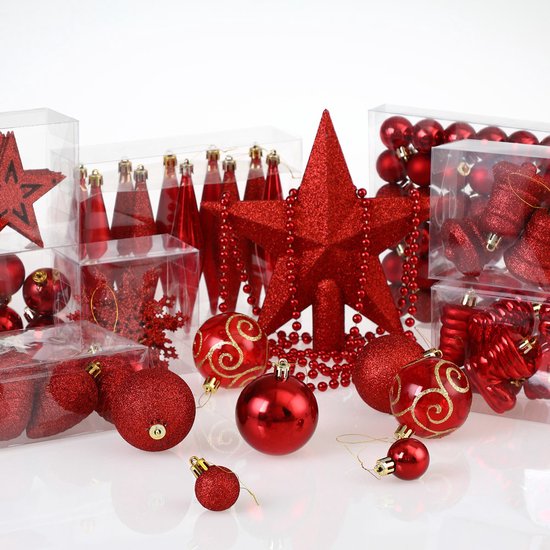 Boules de Noël Deuba - Lot de 102 boules en plastique Ø3-6cm - Rouge brillant mat