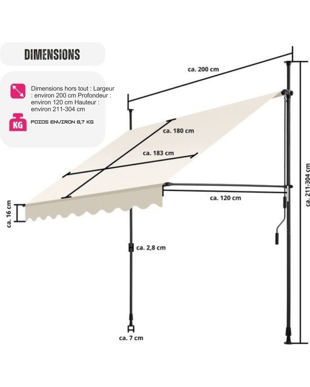 tectake - store à pinces - parasol - réglable - store à pinces - parasol balcon - 200 x 180 cm - beige - store - 404957