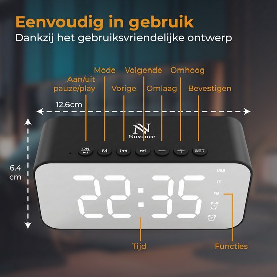 Radio-réveil Nuvance - Radio-réveil numérique pour chambre à coucher - Radio-réveil - 2 alarmes - Fonction de gradation - Réveils numériques - Radio-réveil
