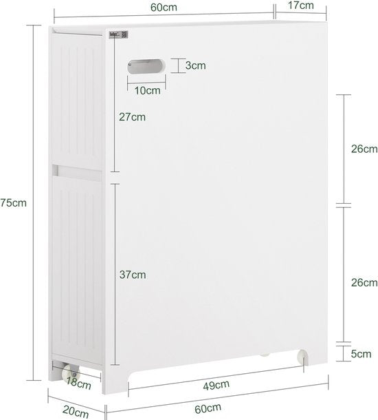 SoBuy Meuble bas, Meuble de rangement étroit sur pied, Meuble de salle de bain étroit, Meuble de toilette - Blanc, 60x20x75cm, BZR111-W