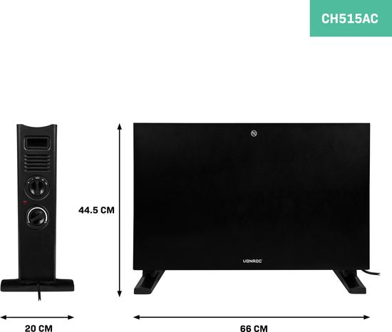 VONROC Chauffage électrique - Convecteur avec ventilateur de radiateur intégré - 2 réglages : 1250W/2000W - Thermostat réglable - Chauffe les pièces jusqu'à 24m2 - Design moderne - Noir