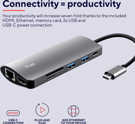 Hub USB Trust – Répartiteur USB – Hub de distribution USB – Extension de ports USB – Gris