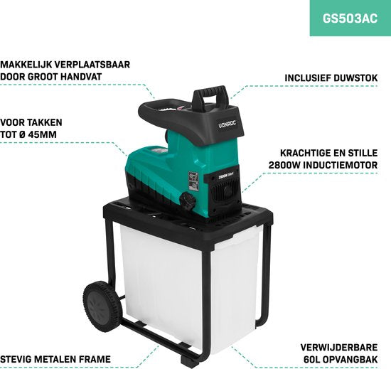 VONROC Silent Shredder/Shredder 2800W - Pour les branches jusqu'à Ø45mm - Bac de ramassage 60L & bâton de poussée inclus