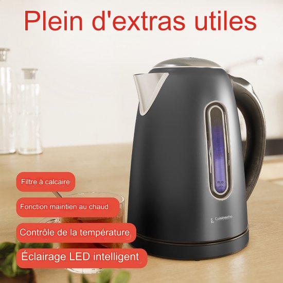 Bouilloire - KitchenBrothers - Avec contrôle de la température - Électrique - Avec filtre à chaux - 1,7L - Noir/RVS