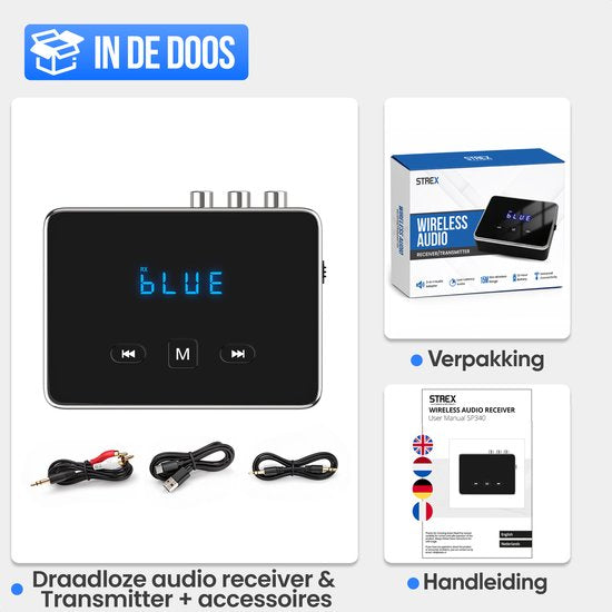 Adaptateur 3-en-1 Strex avec émetteur et récepteur Bluetooth - Émetteur et récepteur audio Bluetooth - Bluetooth 6.0 - AUX/RCA/optique - Sans fil - Portée de 15 mètres