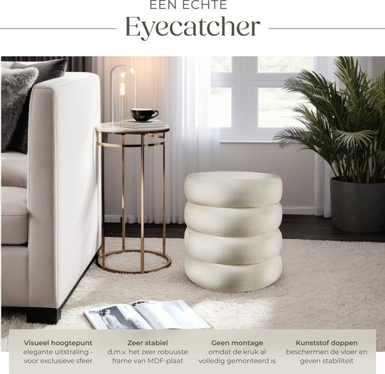 tectake® Tabouret avec rangement - Tabouret scandinave en tissu velours - Tabouret rembourré rond pour coiffeuse, chambre, salon ou comme meuble d'entrée - Tabouret de rangement - crème