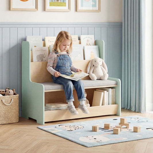 Bibliothèque pour enfants 3-en-1 avec banc Kinderkraft – Rangement pour jouets et coin lecture – 80 x 48 x 74,5 cm – Blanc/Vert