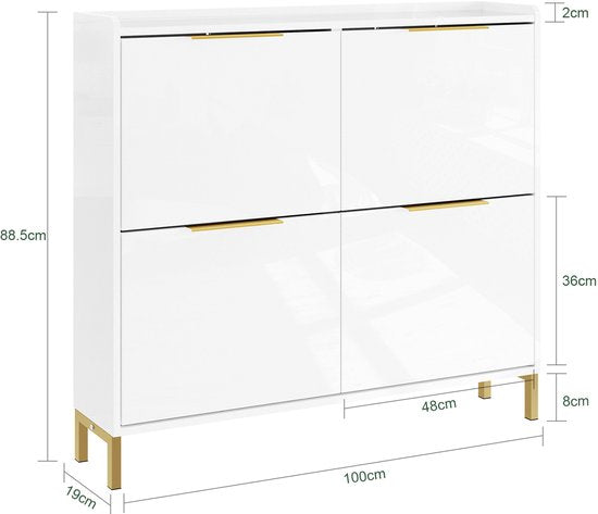 SoBuy FSR206-GW Shoe Cabinet Entrance - Ultrathin 19 cm - High Gloss White and Gold - Pour hall d'entrée, couloir, petit espace, avec protection contre l'inclinaison et protection du sol - 100x19x88.5 cm